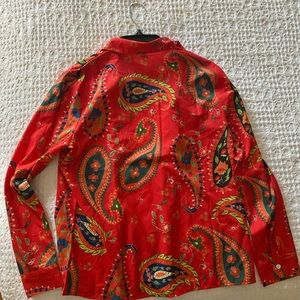 Blouse, colorful print mostly in red, size L, polyester rayon